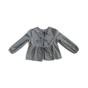 Gingham Navy White Puff Long Sleeve Babydoll Blouse with Front Bows L Y2K